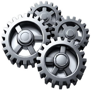 Four interlocking metallic gears symbolize teamwork and mechanical precision, showcasing industrial design and engineering concepts. shiny silver finish adds modern touch png