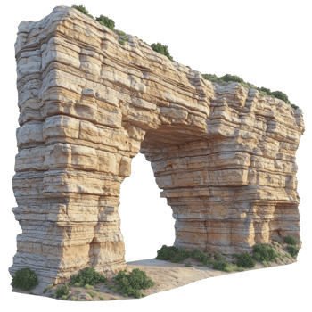 natural rock arch formation stands majestically, showcasing layers of sedimentary rock with green vegetation on top, under clear sky. arch texture and colors create stunning visual png