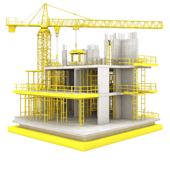 3D model of building under construction features yellow tower crane and scaffolding, with concrete floors and columns. structure is partially built, showcasing modern construction techniques png