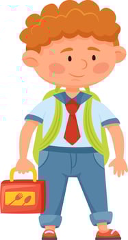 Happy schoolboy with curly red hair, wearing a colorful backpack and carrying a lunchbox, joyfully heading to elementary school, preschool, or kindergarten, radiating excitement and positivity vector