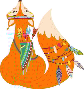 Cartoon fox featuring vibrant tribal face paint, wearing a quiver filled with arrows and adorned with colorful feathers on its tail, embodying a playful boho chic aesthetic vector