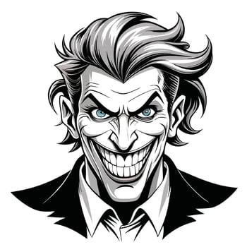 illustration of a villainous clown with menacing grin and intense blue eyes vector