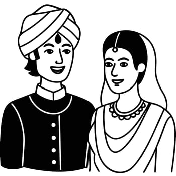Line art depiction of a traditional indian wedding couple in formal attire vector