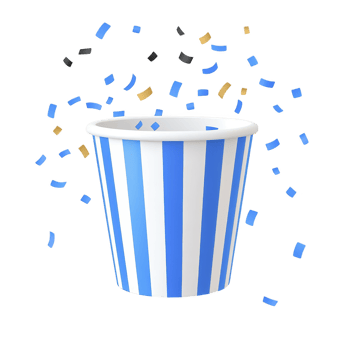 blue and white striped paper cup is surrounded by colorful confetti, creating festive and celebratory atmosphere. cup design is simple yet eye catching, perfect for parties or events png