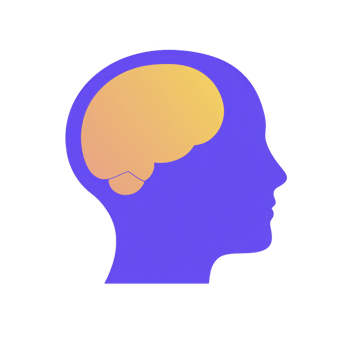 silhouette of human head with stylized brain inside, symbolizing intelligence and thought. head is blue, and brain is depicted in gradient of orange and yellow png