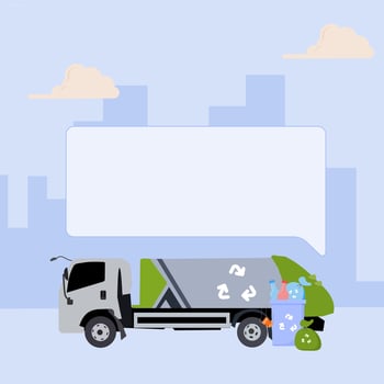 Garbage truck with speech bubble on the side of the road vector