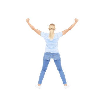 woman with blonde hair stands confidently with arms raised, wearing light blue shirt and jeans, viewed from back. pose conveys sense of victory and empowerment png