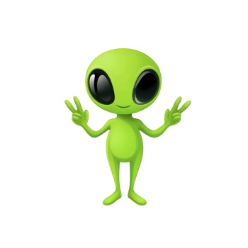 cute green alien character with large black eyes is making peace sign with both hands, standing against transparent background. alien has friendly and playful expression png
