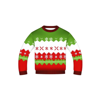 festive sweater with green, red, and white color scheme features snowflake and geometric patterns, perfect for holiday celebrations png