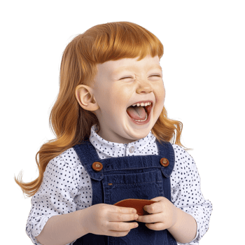 joyful child with red hair and polka dot shirt laughs heartily, holding small object. child expression is full of happiness and delight, creating cheerful atmosphere png