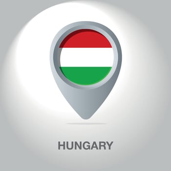 Illustration of the Hungarian flag inside the pin icon on the map. A symbolic location marker with the national colors of Hungary on a white background. vector