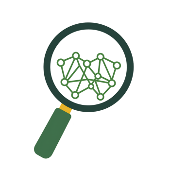 magnifying glass with network of connected nodes symbolizes data analysis and exploration. green and black color scheme adds modern touch png