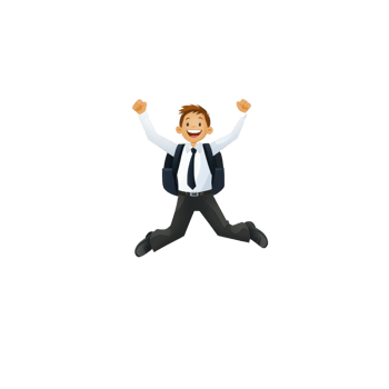 joyful cartoon character of young man in suit and tie, jumping with excitement and wearing backpack, conveys sense of happiness and success png