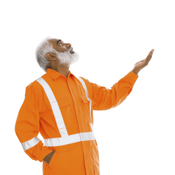 man with white beard wearing orange safety uniform with reflective stripes looks upward with curiosity, one hand in his pocket and other raised png