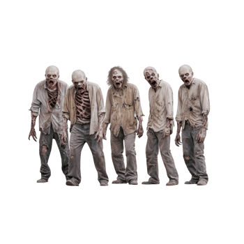 group of five zombies in tattered clothing stand together, showcasing decayed skin and eerie expressions. Their appearance is unsettling, with visible bones and torn fabric png
