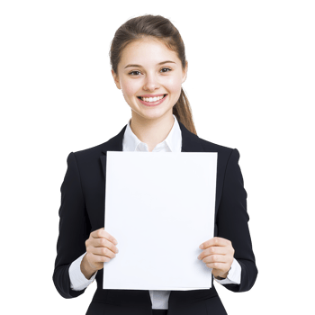 smiling woman in business suit holds blank sheet of paper, ready for customization or message display. image conveys professionalism and positivity png