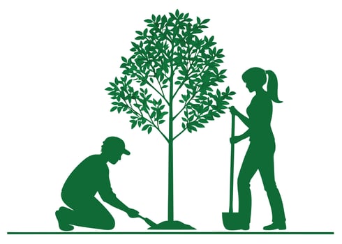 Couple planting a tree together green silhouette illustration eco friendly concept vector