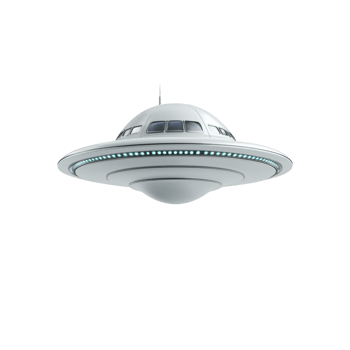 futuristic, silver flying saucer with glowing lights hovers against transparency background, evoking sense of mystery and wonder png