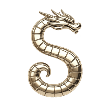 golden dragon shaped like letter S with intricate scales and fierce expression, symbolizing strength and elegance. metallic sheen adds luxurious touch png