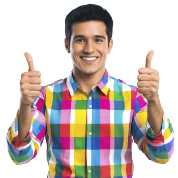 Smiling man in colorful plaid shirt giving thumbs up, expressing positivity and approval. vibrant pattern adds cheerful vibe to image png