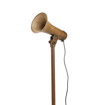 vintage megaphone with wooden stand and long cord evokes nostalgia and historical charm. aged appearance suggests it might have been used for public announcements or events png