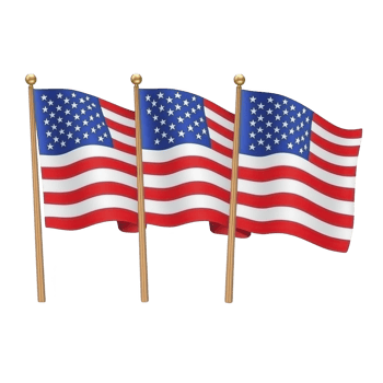 Three American flags waving on poles, displaying iconic red, white, and blue colors with stars and stripes, symbolizing patriotism and national pride png