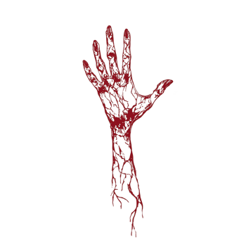 red, skeletal hand with intricate vein like patterns extends upward against transparency background, creating haunting and eerie visual. design evokes sense of mystery and horror png