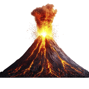 dramatic volcanic eruption with fiery lava and ash clouds showcases raw power of nature. glowing lava flows down mountain, creating striking visual contrast png