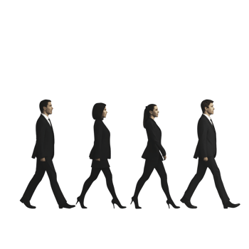 group of four business professionals in formal attire walking in line, symbolizing teamwork and collaboration. image conveys sense of unity and purpose png