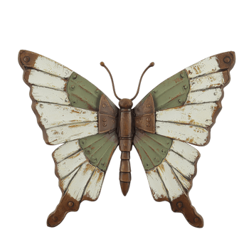 decorative metal butterfly wall art piece with rustic charm, featuring distressed green and white wings and intricate detailing, perfect for adding vintage touch to any space png