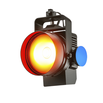 bright stage spotlight with red filter and blue adjustment knob, used for theatrical lighting, casting warm glow. light is mounted on metal frame, ideal for performances png