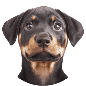 close up of cute Rottweiler puppy with expressive eyes and soft, shiny black and tan coat, looking directly at camera. image captures innocence and charm of young dog png