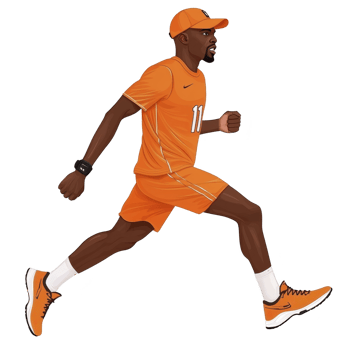 man in orange athletic outfit is running energetically, wearing cap and sports shoes. His determined expression and dynamic pose convey sense of speed and focus png