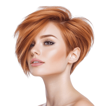 woman with stylish short red hairstyle gazes confidently, showcasing modern and edgy look. Her makeup is subtle, highlighting her natural beauty and complementing her vibrant hair color png