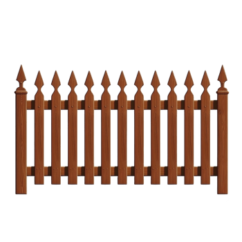 wooden picket fence with pointed tops stands upright, showcasing classic design. rich brown color and vertical slats create traditional and rustic appearance png