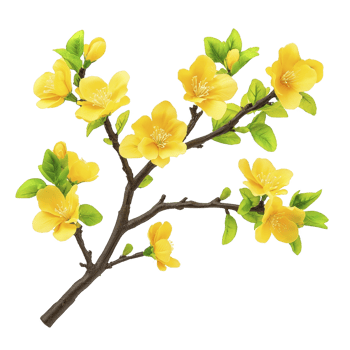 branch adorned with vibrant yellow flowers and lush green leaves, showcasing nature beauty and freshness. delicate petals and intricate details evoke sense of tranquility and elegance png
