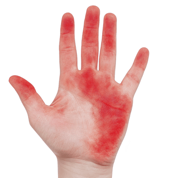 hand with red paint covering palm and fingers is raised against transparency background, creating striking visual contrast. image evokes sense of creativity and bold expression png