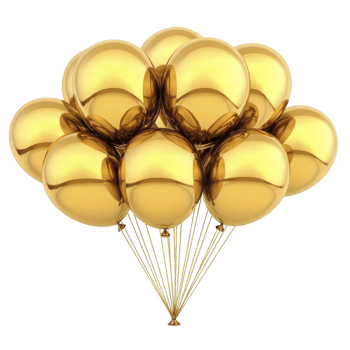 cluster of shiny golden balloons tied together, creating festive and celebratory atmosphere. balloons reflect light, adding touch of elegance and joy to any event png