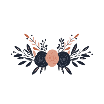 delicate floral arrangement featuring stylized roses and leaves in shades of navy and blush pink, creating elegant and artistic design png