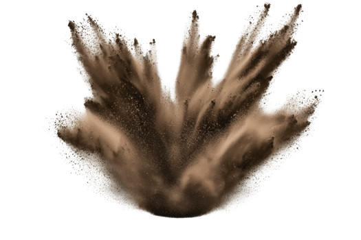 dynamic explosion of brown powder creates dramatic burst against transparency background, capturing energy and movement of particles in mid air png