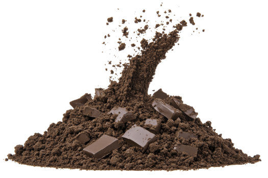 pile of rich, dark cocoa powder with scattered chocolate chunks creates tempting and indulgent scene, perfect for dessert lovers and baking enthusiasts png
