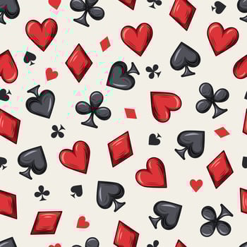 Seamless pattern with randomly scattered card suits icons on white background. Small and big symbols of hearts, clubs, spades, diamonds. Gambling, casino theme vector