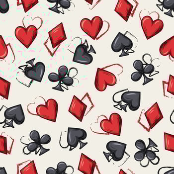 Seamless pattern with randomly scattered card suits icons on white background. Outline and classic symbols of hearts, clubs, spades, diamonds. Gambling, casino theme. vector