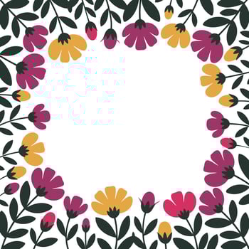 Floral Frame with Purple Yellow Flowers and Green Leaves vector
