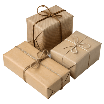 Three wrapped gift boxes with twine bows isolated on the transparent background png