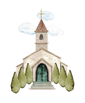 Vertical relgious composition for first communion, confirmation, baptism, wedding greeting cards, invitation, save the date. Watercolor illustration with church and green trees. Hand drawn. Copy space png