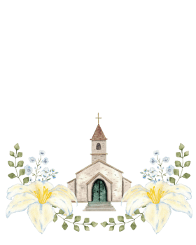 Vertical relgious template for first communion, confirmation, baptism, wedding greeting cards, invitation, save the date. Watercolor illustration with church and white flowers. Hand drawn. Copy space png