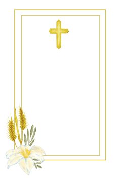 Vertical golden frame with cross, white flowers and ears. Copy space. Isolated. Hand drawn. Template for first communion, confirmation, baptism, wedding greeting cards, invitation, save the date png