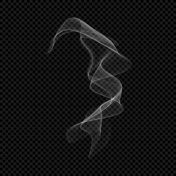 Smoke . White isolated cigarette curved vapor. Steam transparent effect. Vapour from aroma candle on black background. winding fume eps illustration vector
