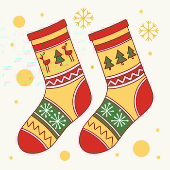 Pair of Festive Christmas Stockings with Reindeer and Tree Designs vector
